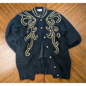 Belldini Size Medium Black Angora Rabbit Hair Blend Cardigan Beadwork Filigree